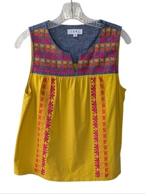 THML , Anthropologie Mustard Yellow &Multicolor Embroidered Sleeveless Top. Med